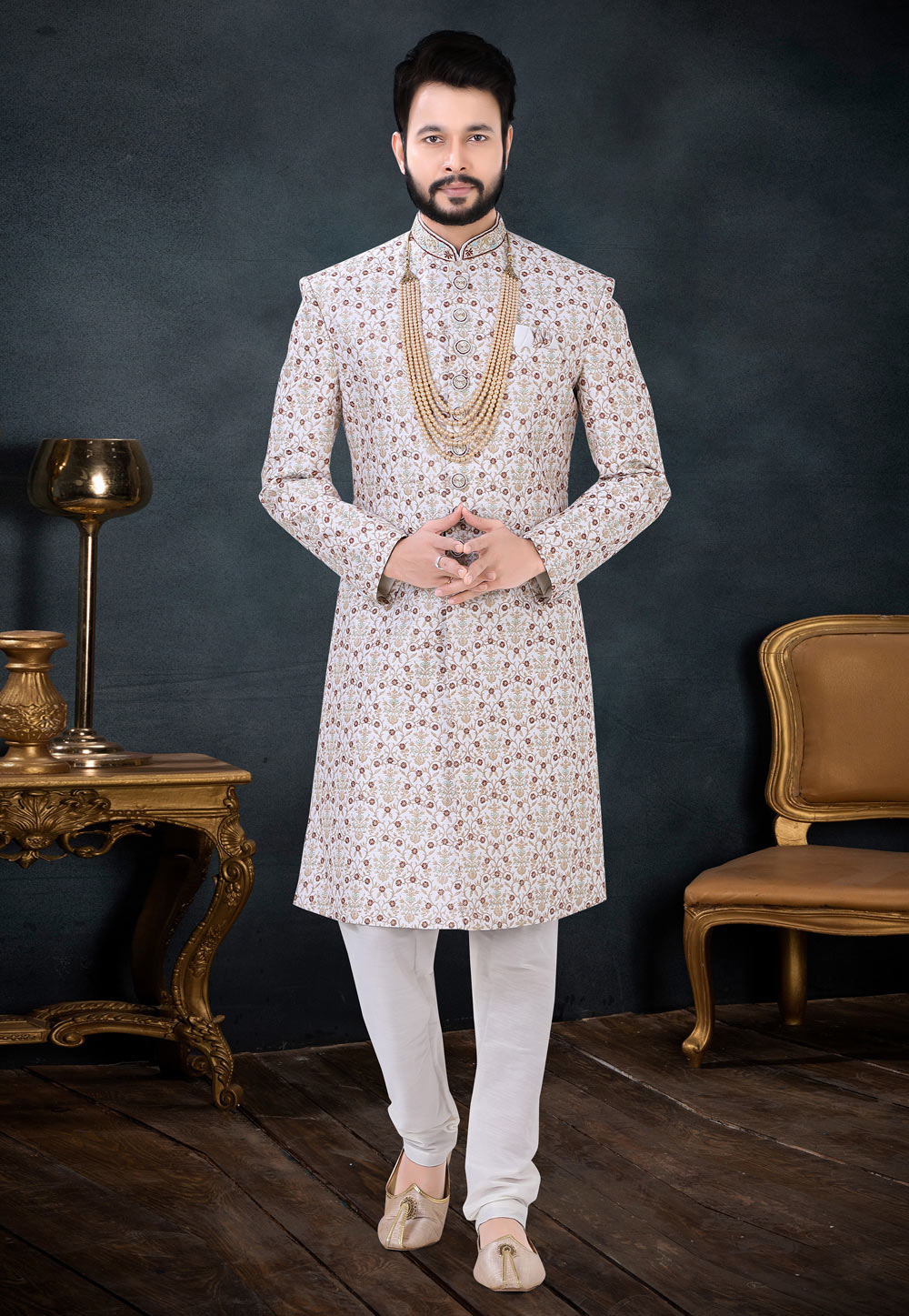 Cream Silk Indo Western Sherwani 256208