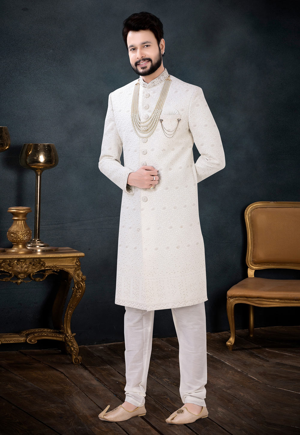 Off White Georgette Indo Western Sherwani 256212
