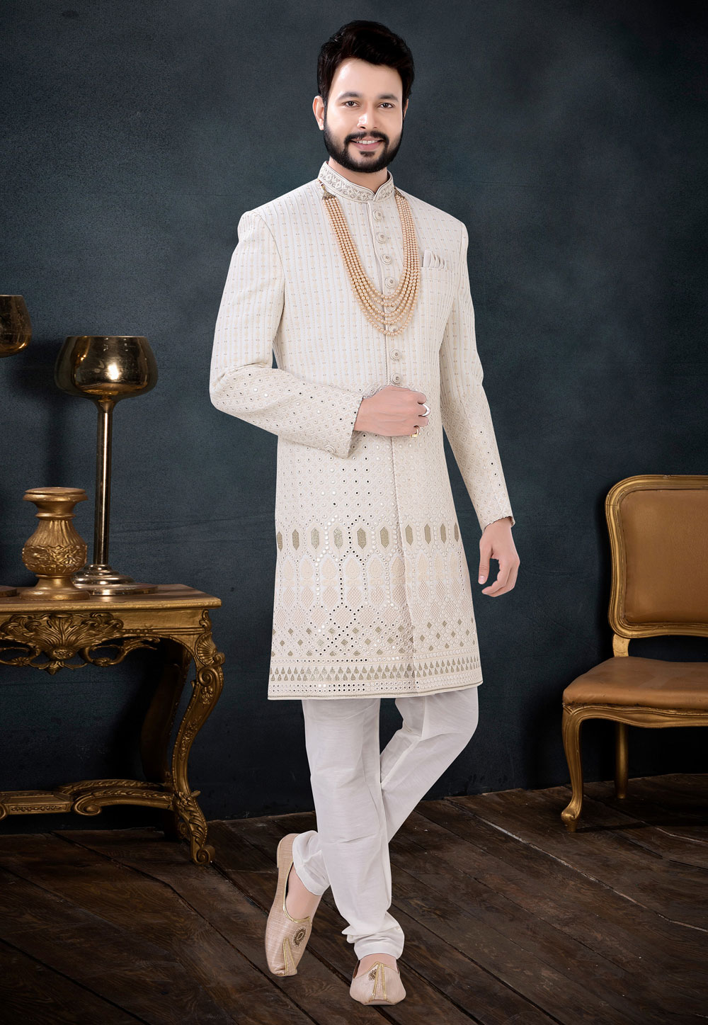 Cream Georgette Indo Western Sherwani 256214