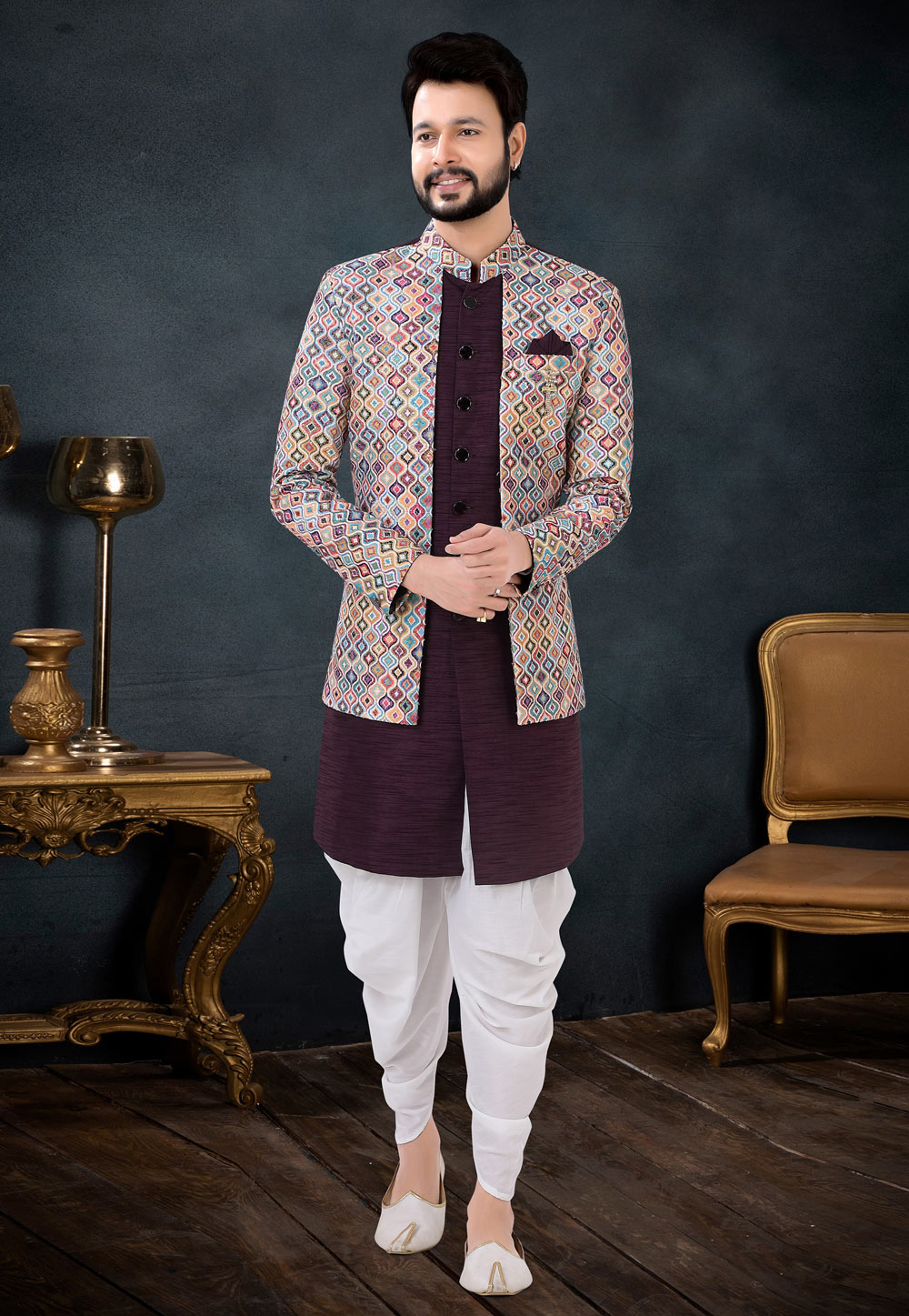Wine Silk Indo Western Suit 256230