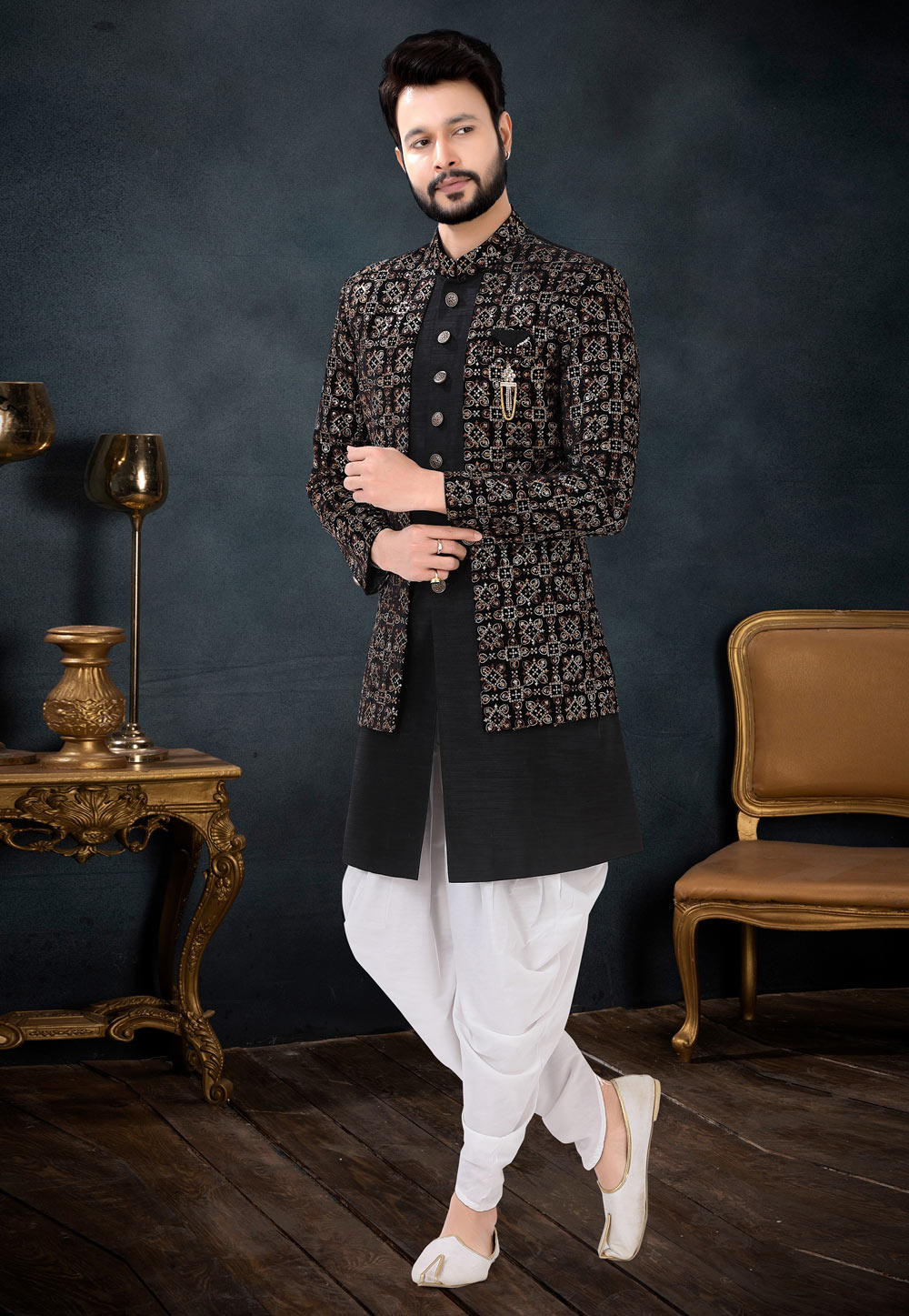 Black Silk Indo Western Suit 256231