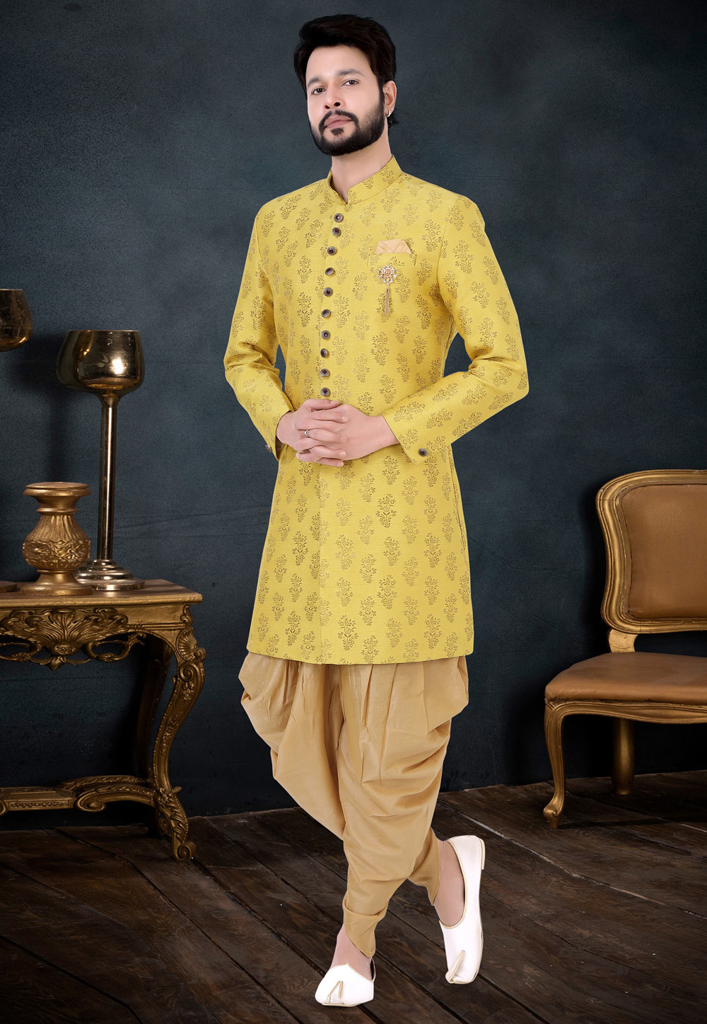 Yellow Jacquard Indo Western Suit 256253