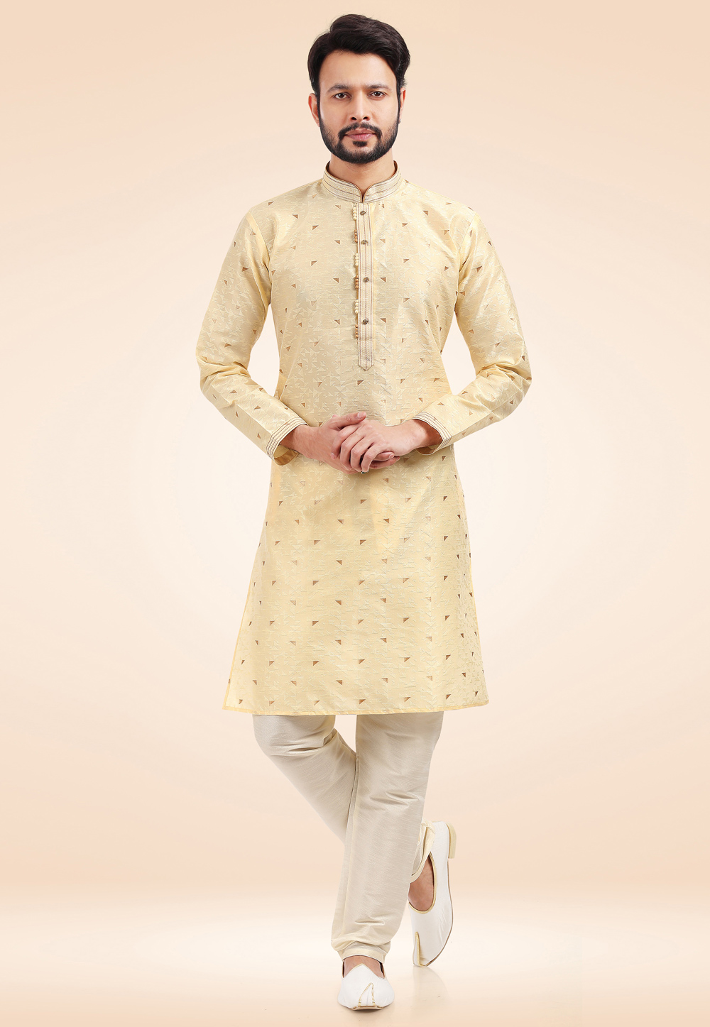 Beige Jacquard Silk Kurta Pajama 256684
