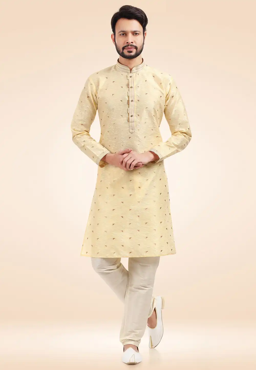 Beige Jacquard Silk Kurta Pajama 256684