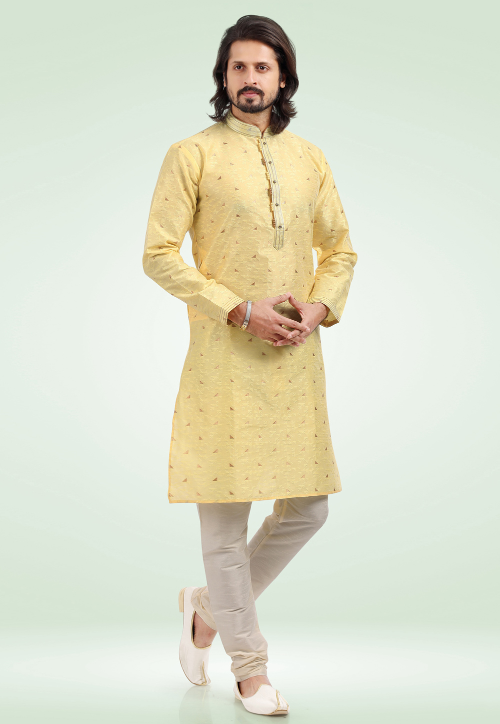 Yellow Jacquard Kurta Pajama 256685
