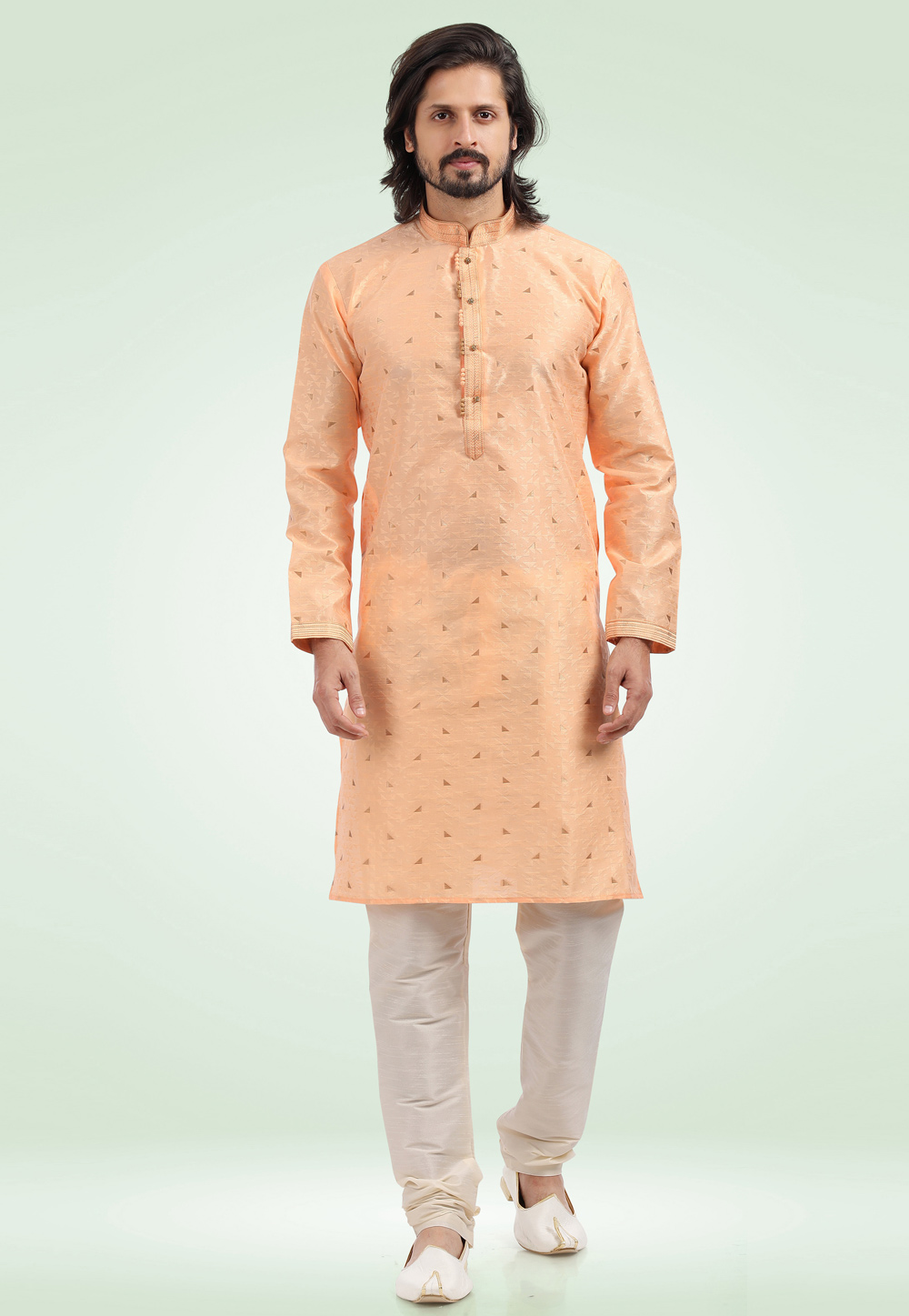 Peach Jacquard Kurta Pajama 256687