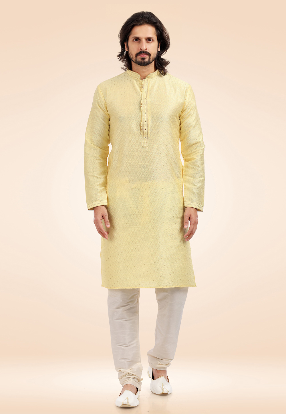 Yellow Jacquard Kurta Pajama 256696