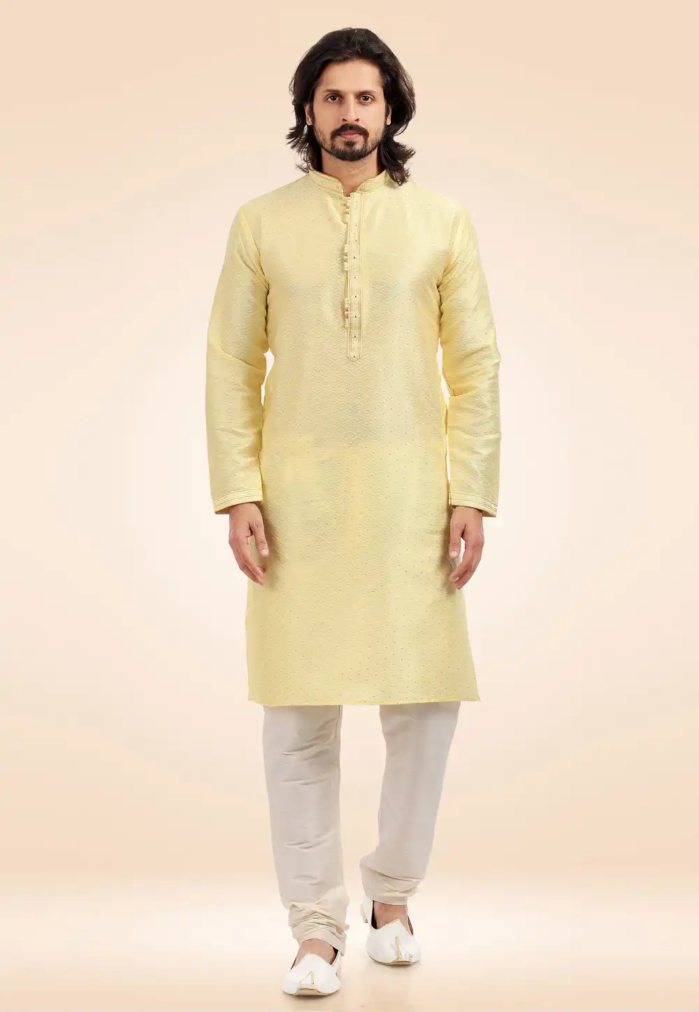 Yellow Jacquard Kurta Pajama 256696