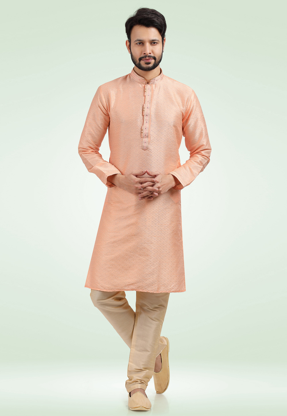 Peach Jacquard Kurta Pajama 256697