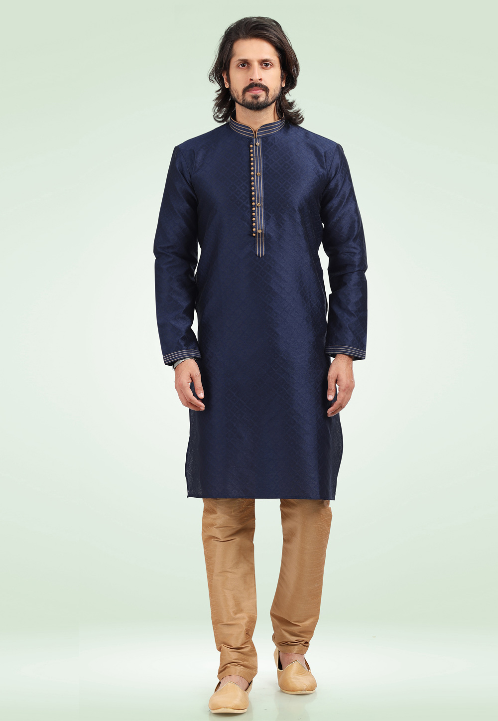 Navy Blue Jacquard Kurta Pajama 256699