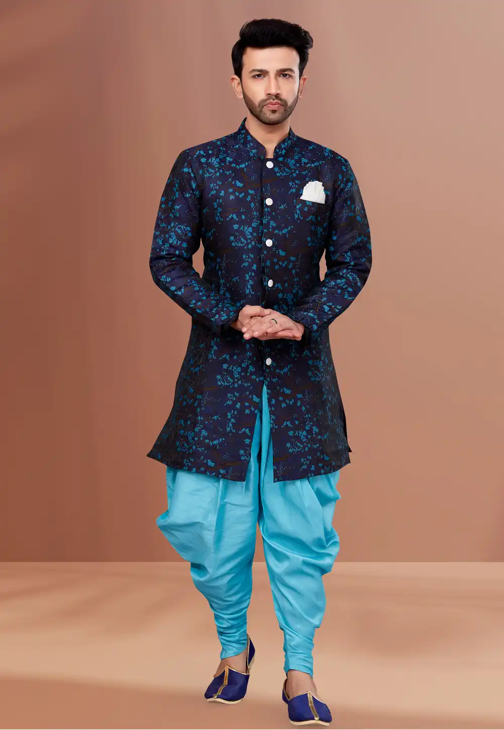 Navy Blue Jacquard Indo Western Suit 257850