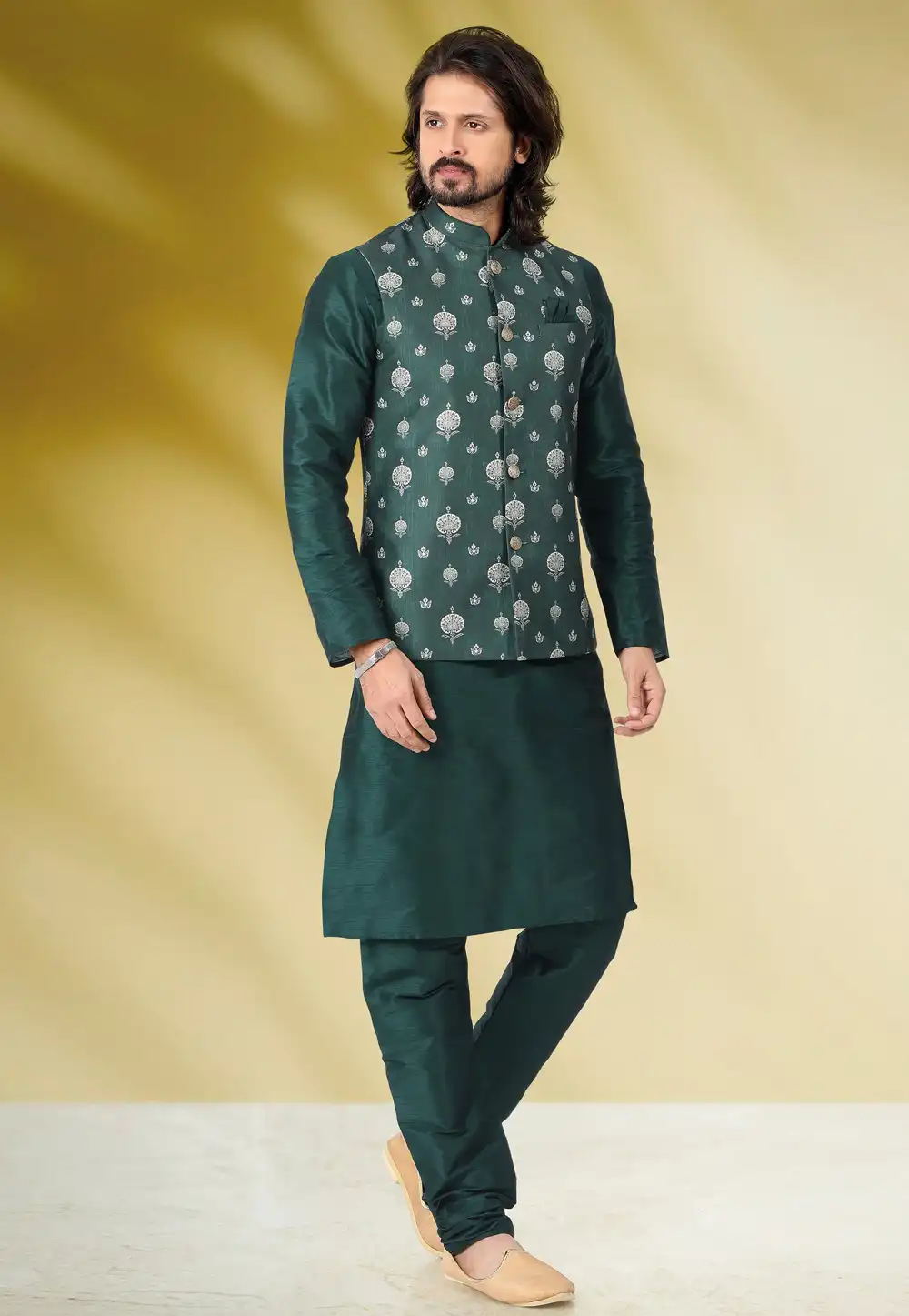 Green Banarasi Silk Kurta Pajama With Jacket 256860