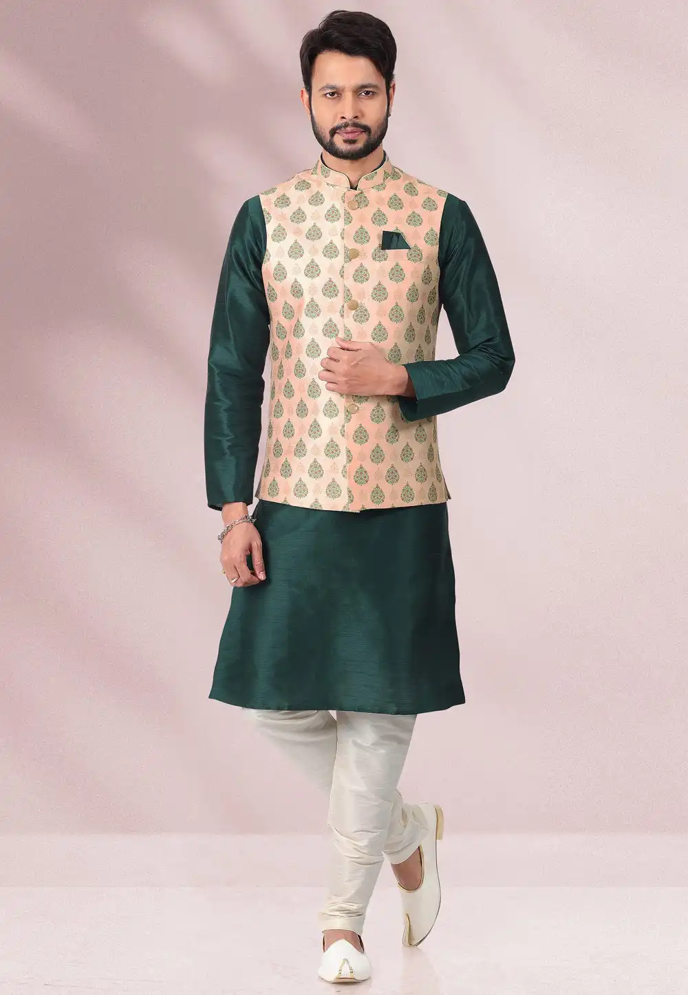 Green Banarasi Silk Kurta Pajama With Jacket 256863