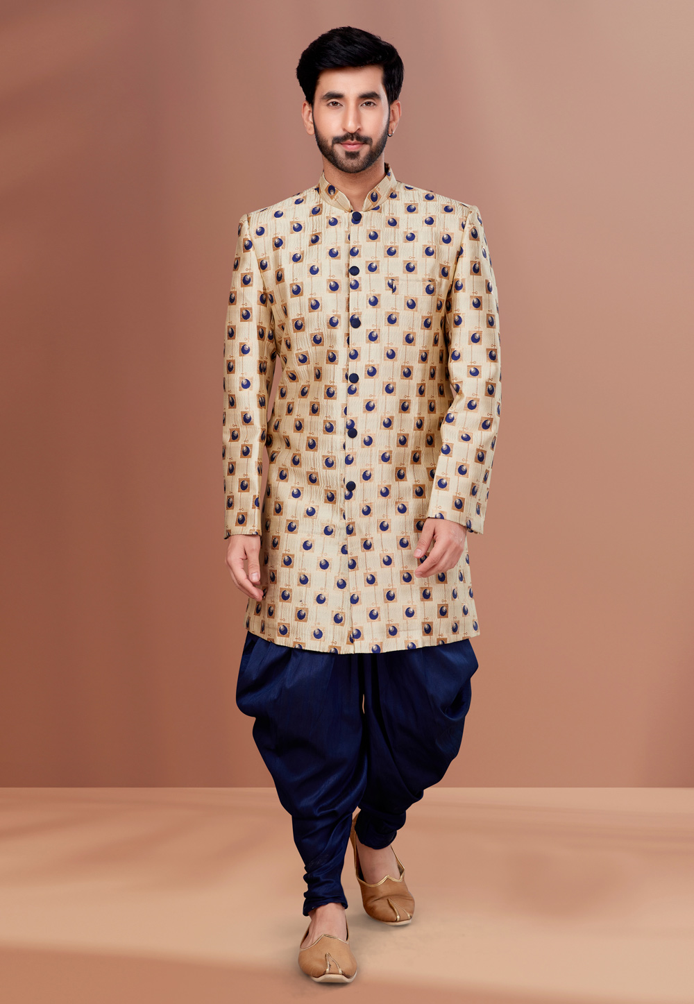 Cream Jacquard Indo Western Suit 257851