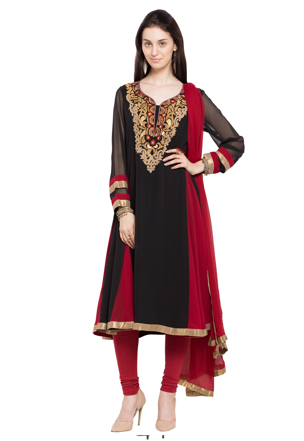 Black Faux Georgette Readymade Churidar Suit 230334