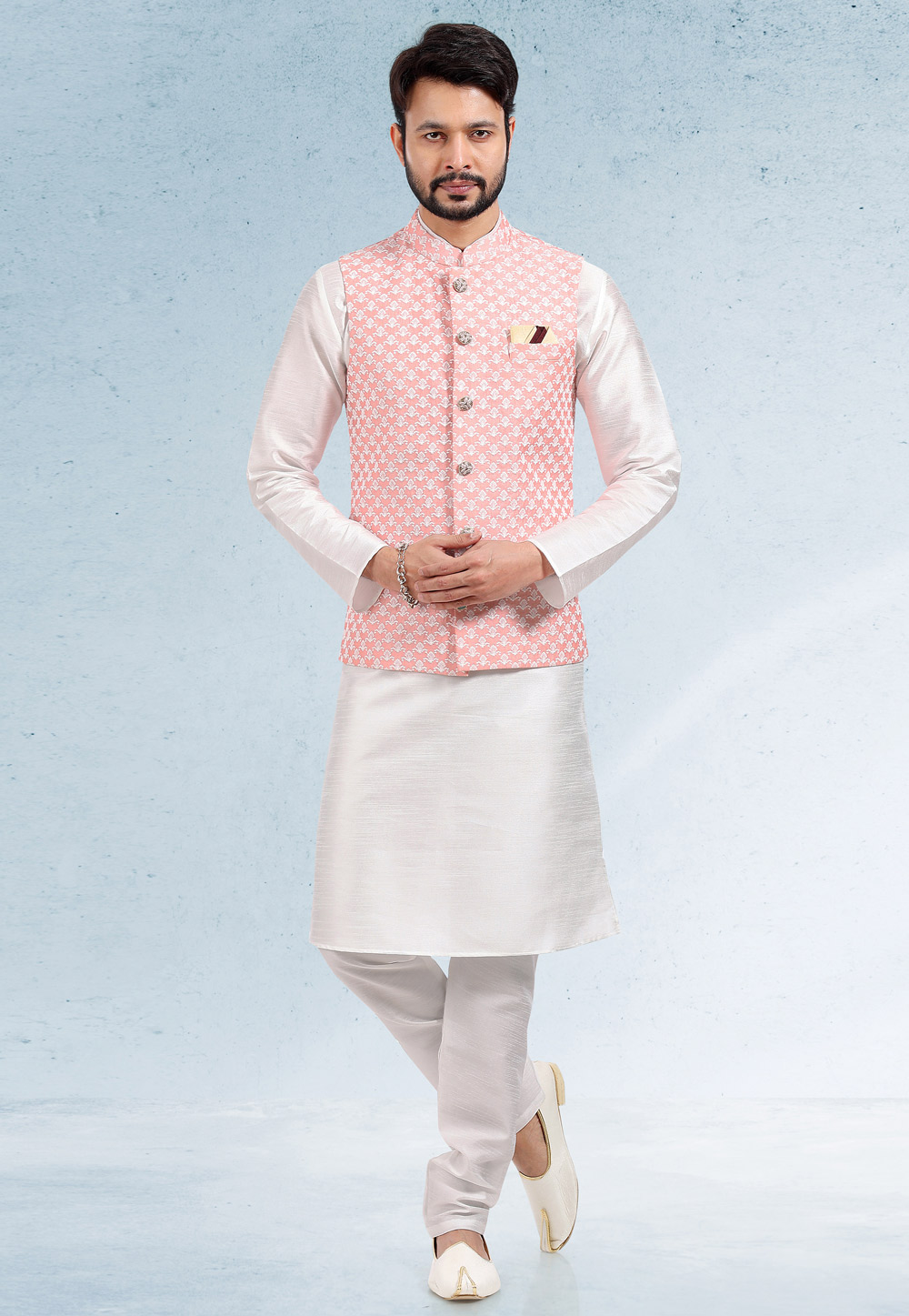 White Art Silk Kurta Pajama With Jacket 257553