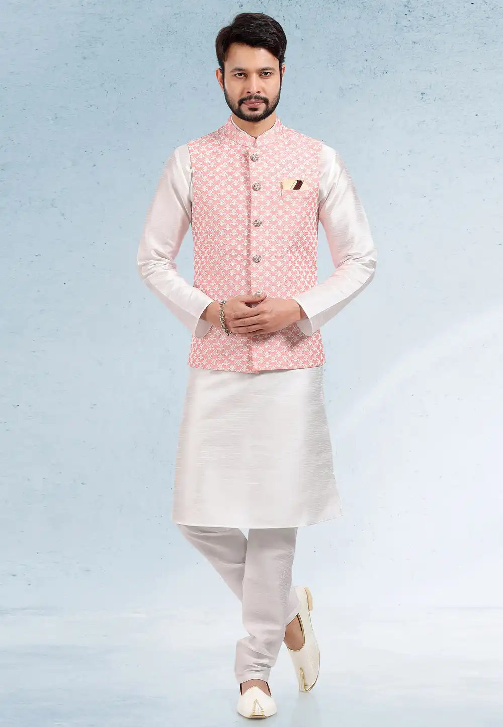 White Art Silk Kurta Pajama With Jacket 257553
