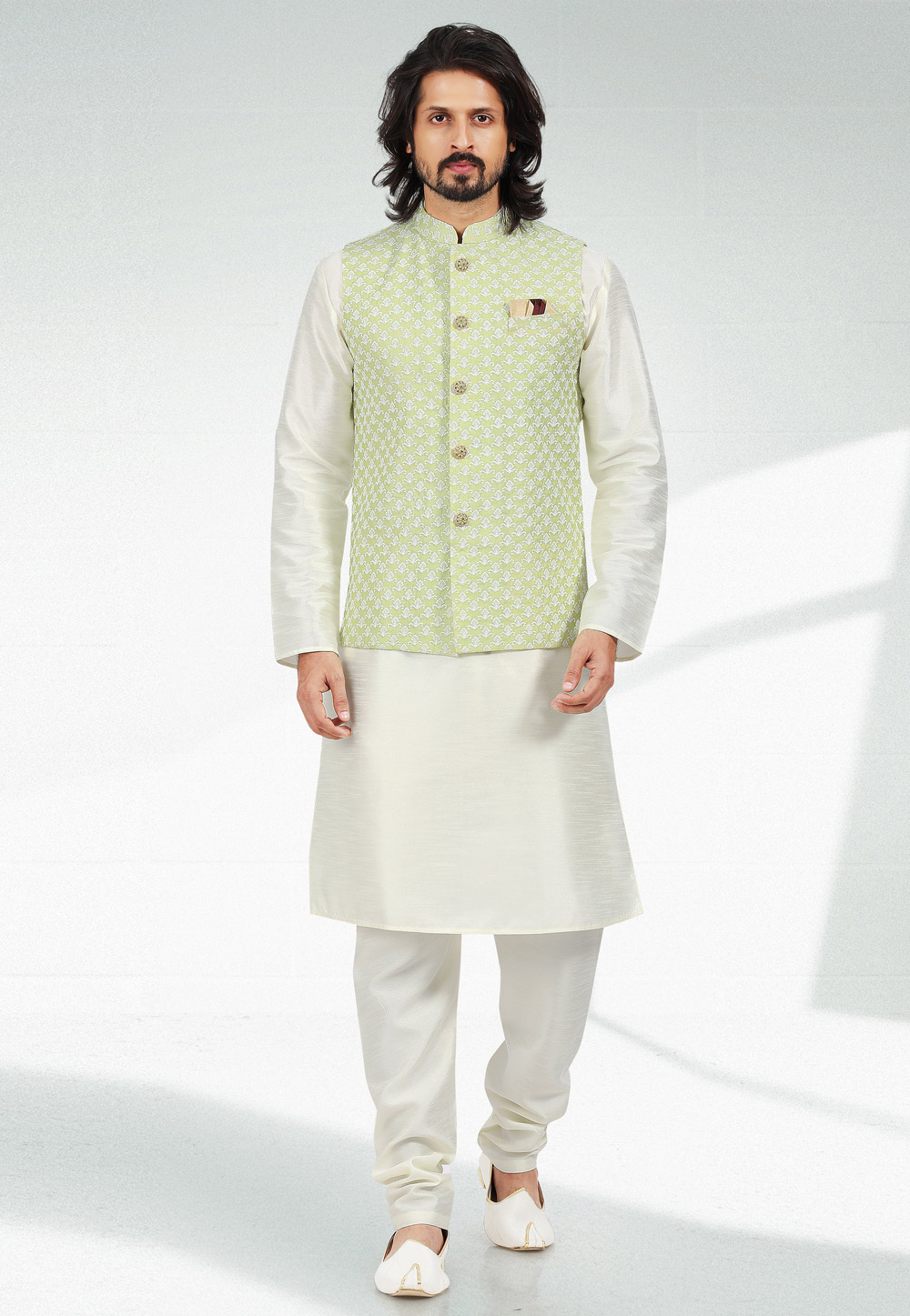 Off White Art Silk Kurta Pajama With Jacket 257554