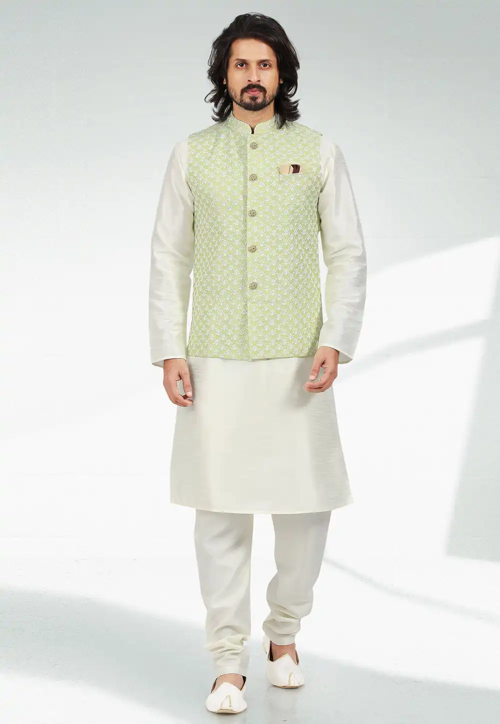 Off White Art Silk Kurta Pajama With Jacket 257554