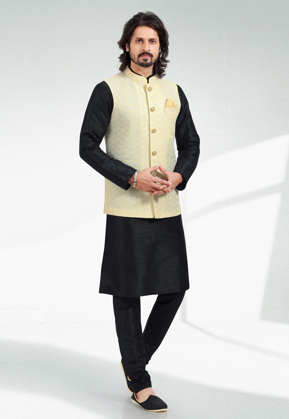 Black Art Silk Kurta Pajama With Jacket 257556