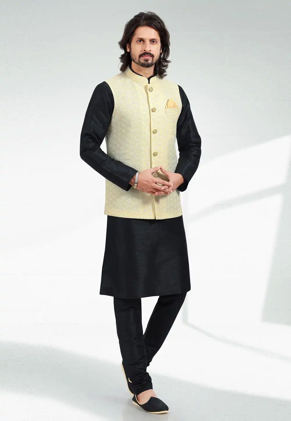 Black Art Silk Kurta Pajama With Jacket 257556