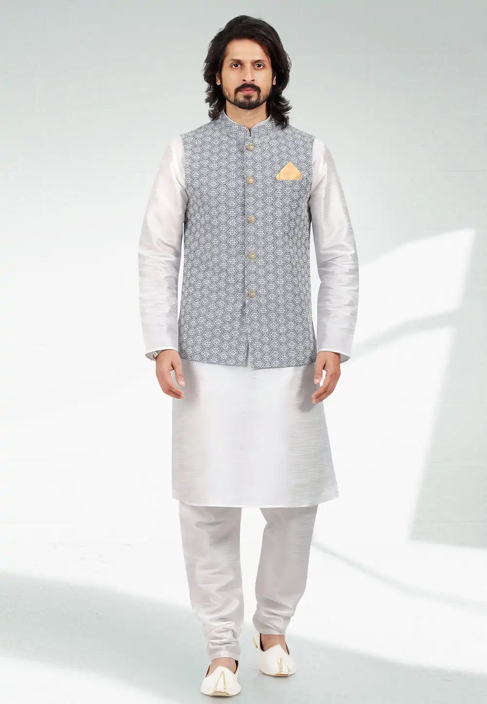White Art Silk Kurta Pajama With Jacket 257558