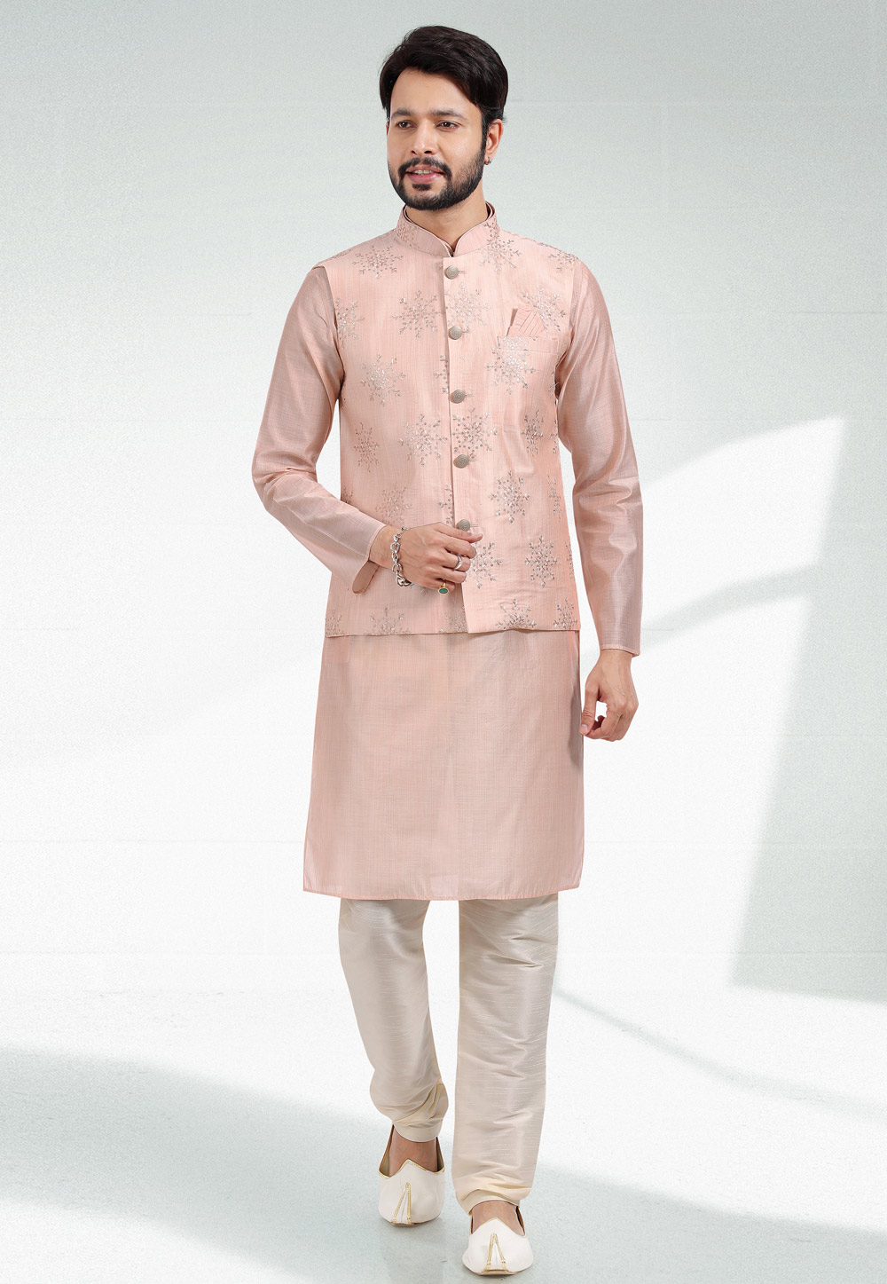 Peach Art Silk Kurta Pajama With Jacket 257560