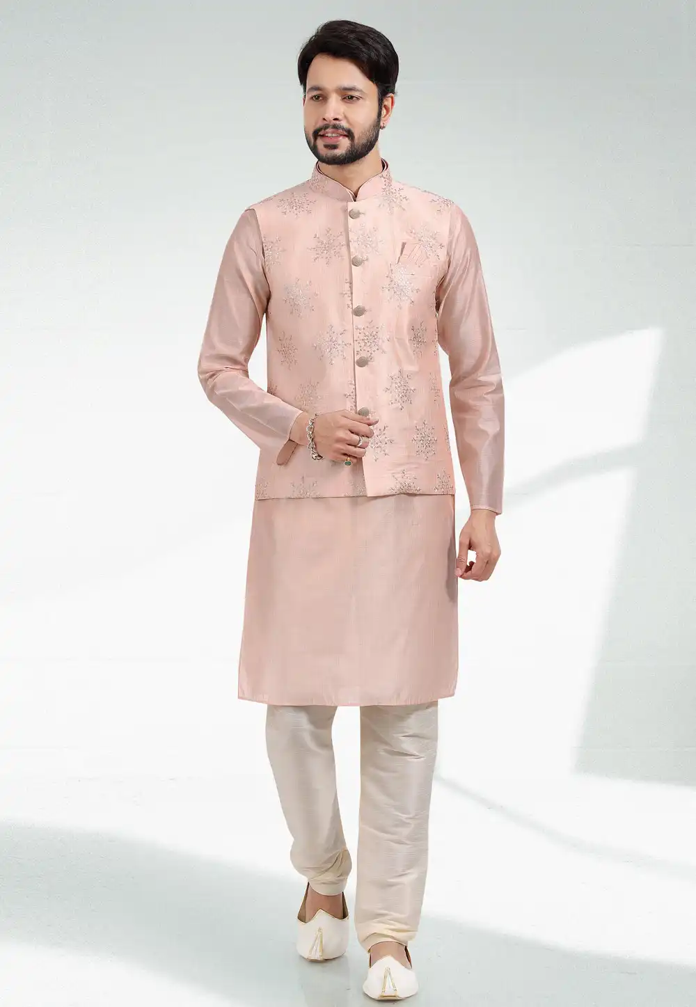Peach Art Silk Kurta Pajama With Jacket 257560