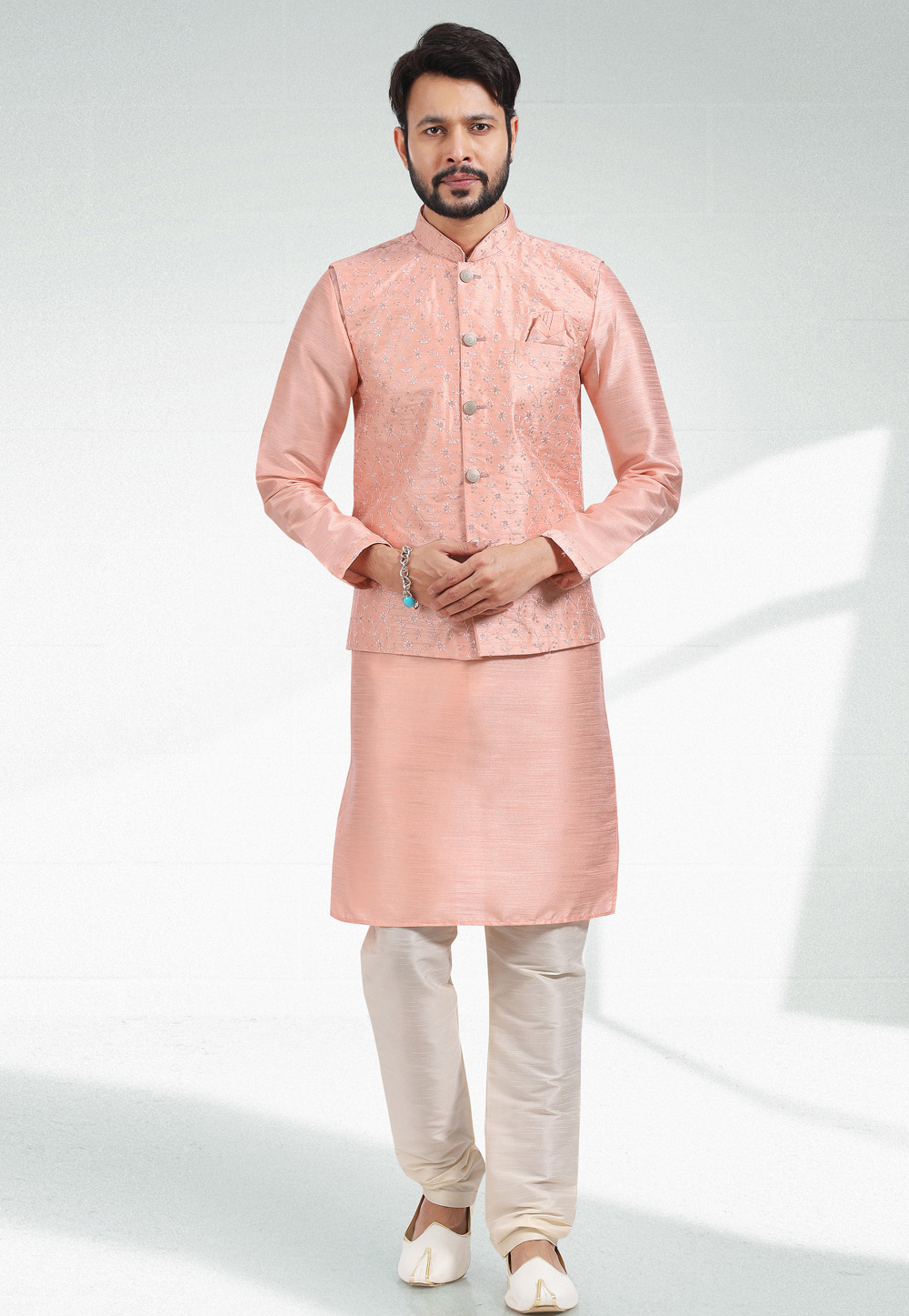 Peach Art Silk Kurta Pajama With Jacket 257562