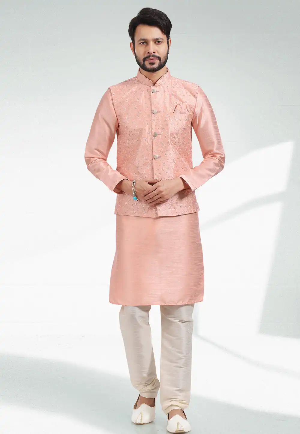 Peach Art Silk Kurta Pajama With Jacket 257562