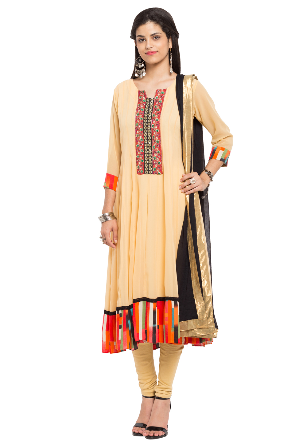 Beige Faux Georgette Readymade Churidar Suit 230335