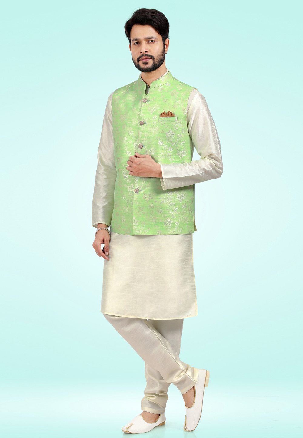 Off White Jacquard Kurta Pajama With Jacket 257458
