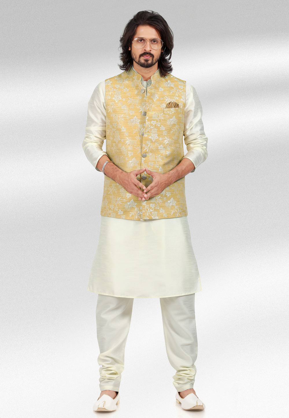 Off White Jacquard Kurta Pajama With Jacket 257459