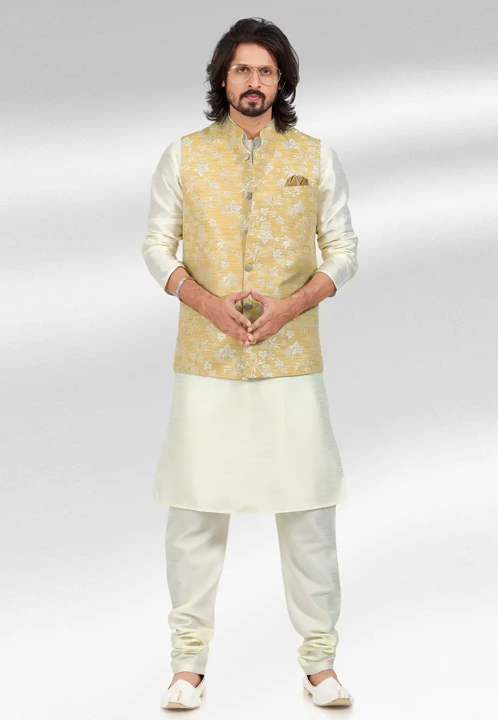 Off White Jacquard Kurta Pajama With Jacket 257459