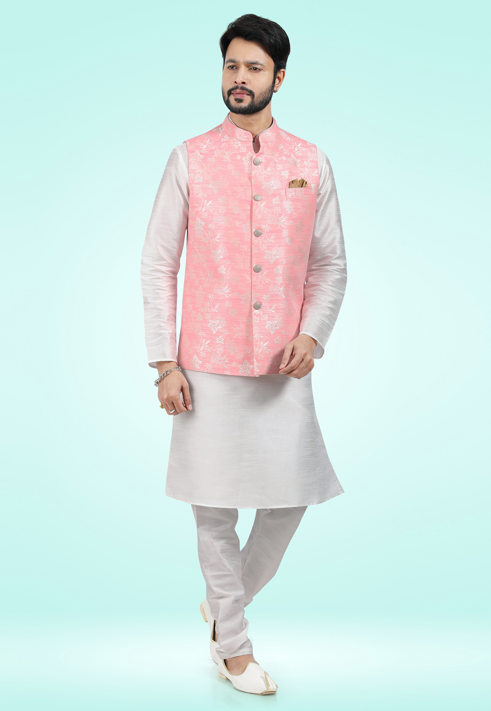 White Jacquard Kurta Pajama With Jacket 257460