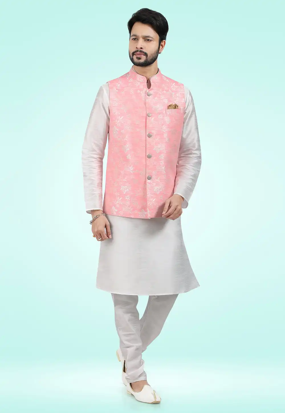 White Jacquard Kurta Pajama With Jacket 257460