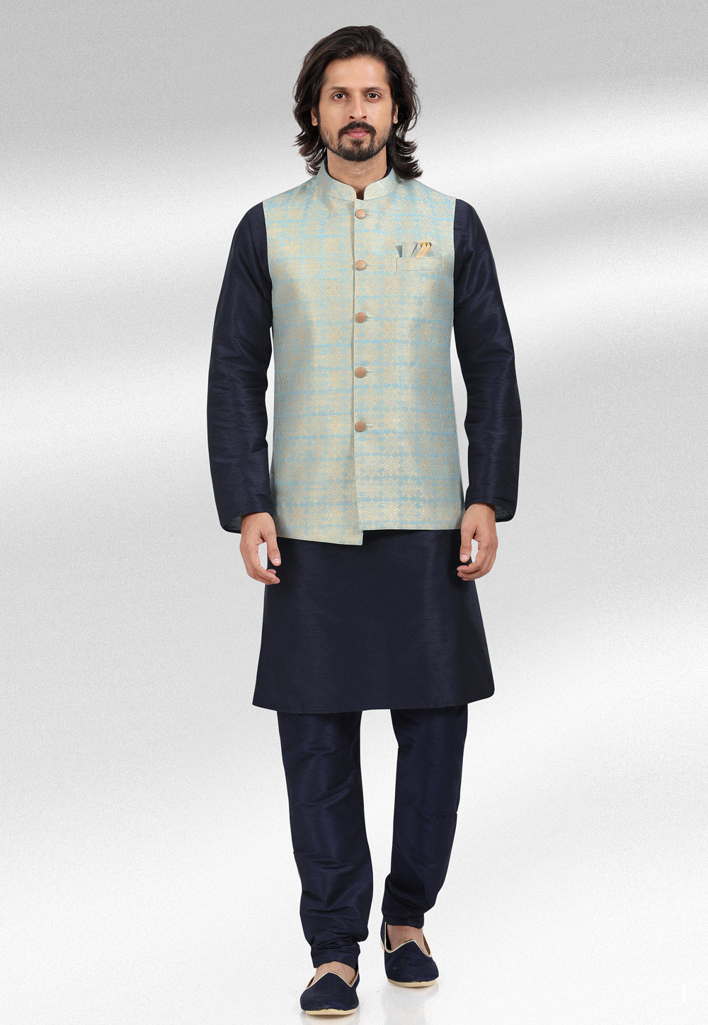 Navy Blue Jacquard Kurta Pajama With Jacket 257461
