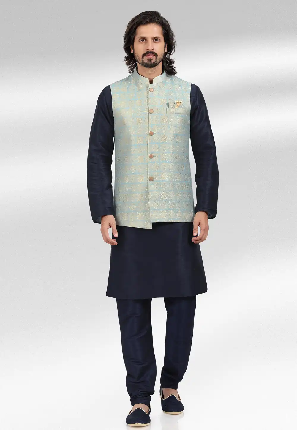 Navy Blue Jacquard Kurta Pajama With Jacket 257461