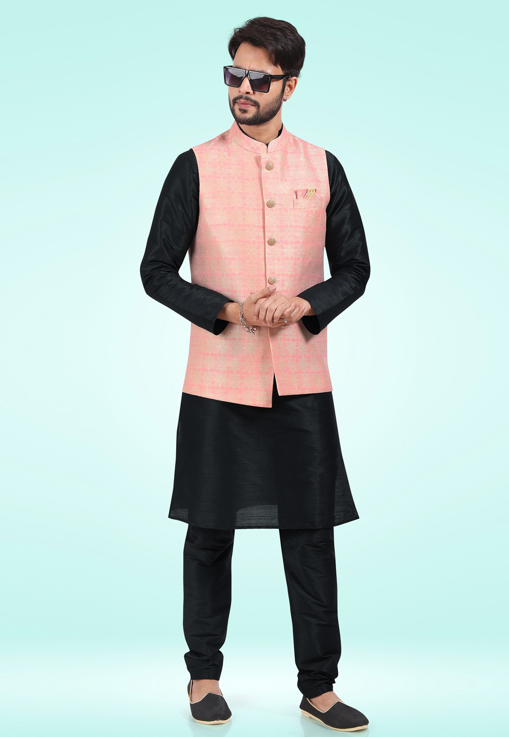 Black Jacquard Kurta Pajama With Jacket 257462