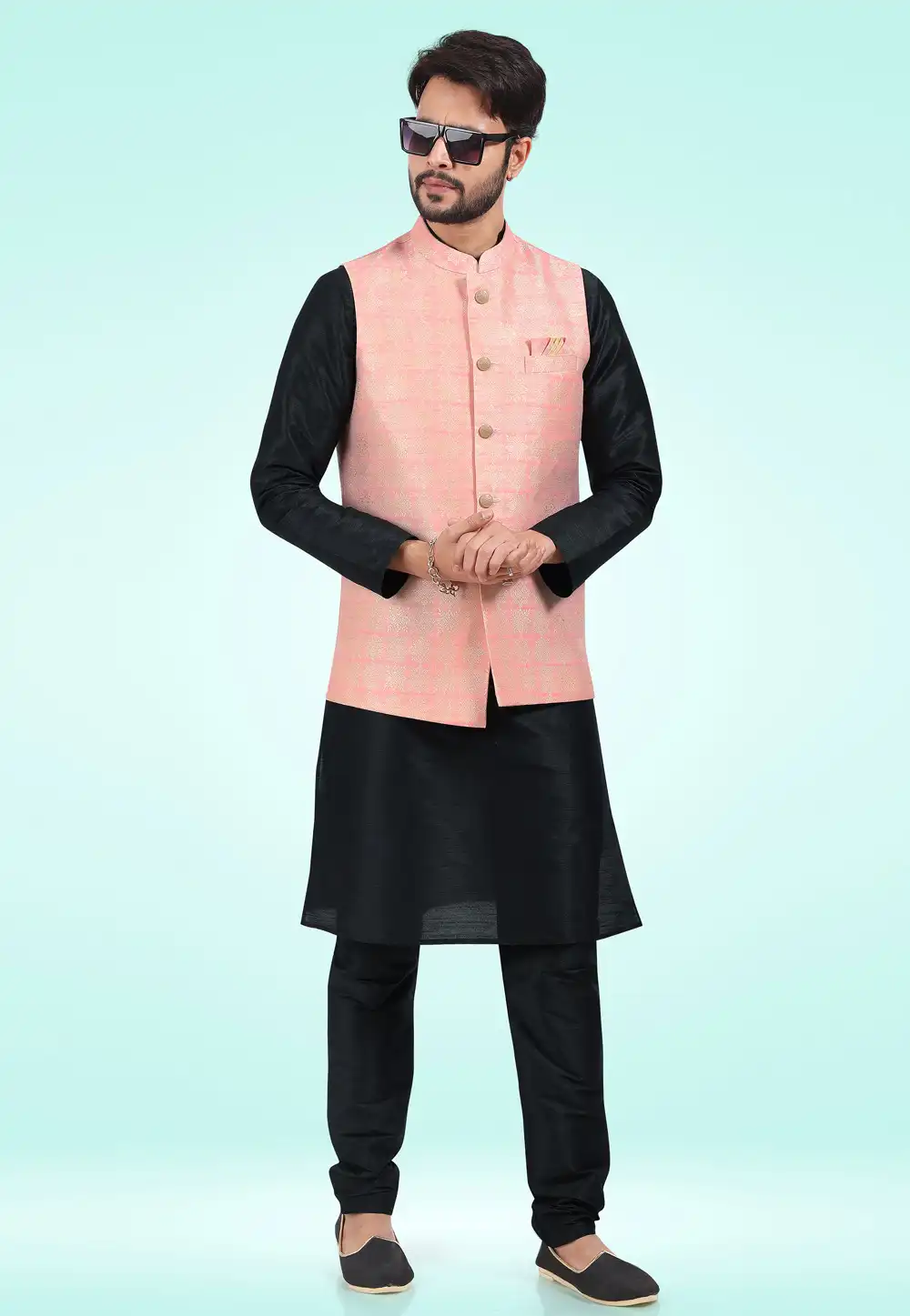 Black Jacquard Kurta Pajama With Jacket 257462