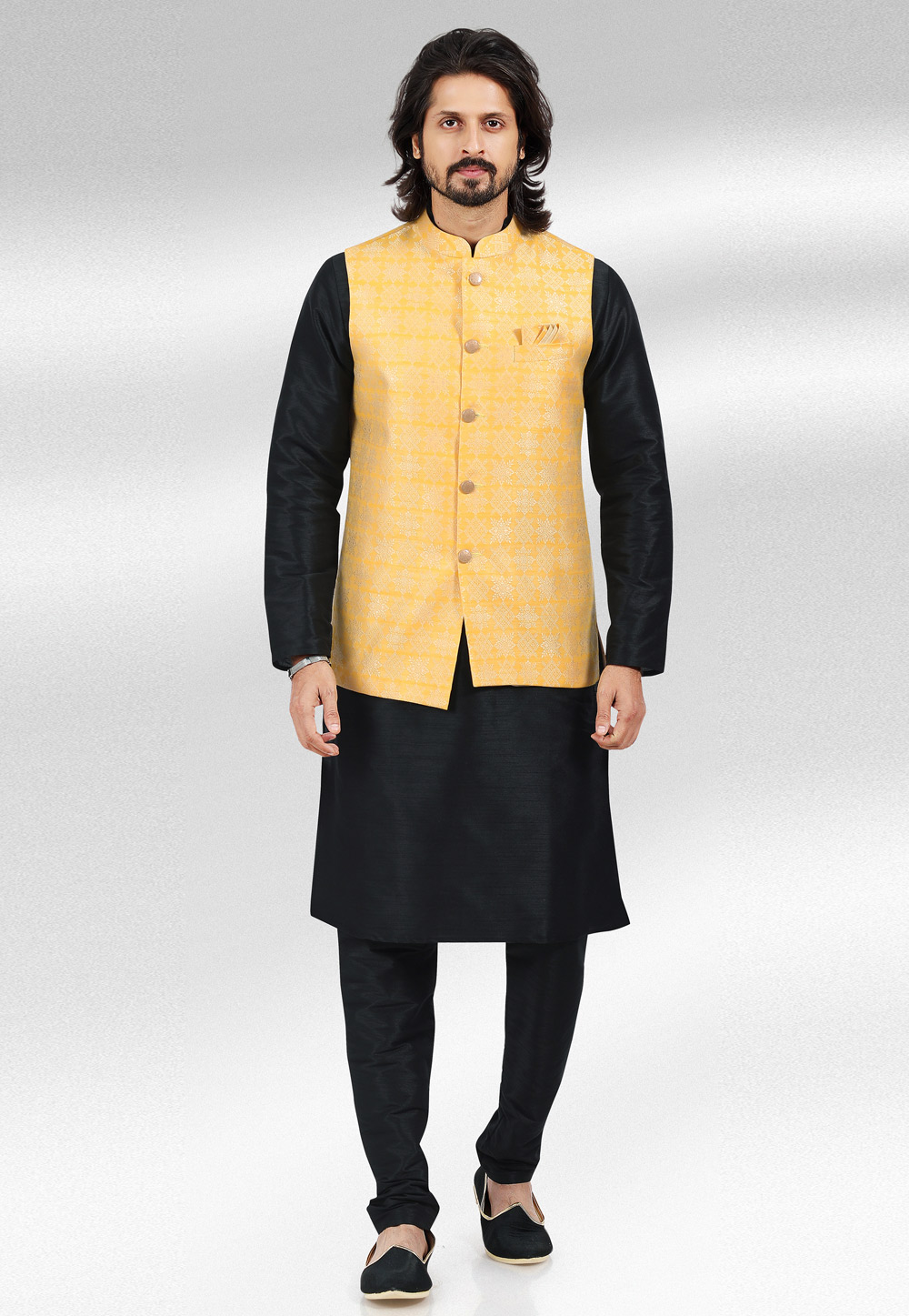Black Jacquard Kurta Pajama With Jacket 257463