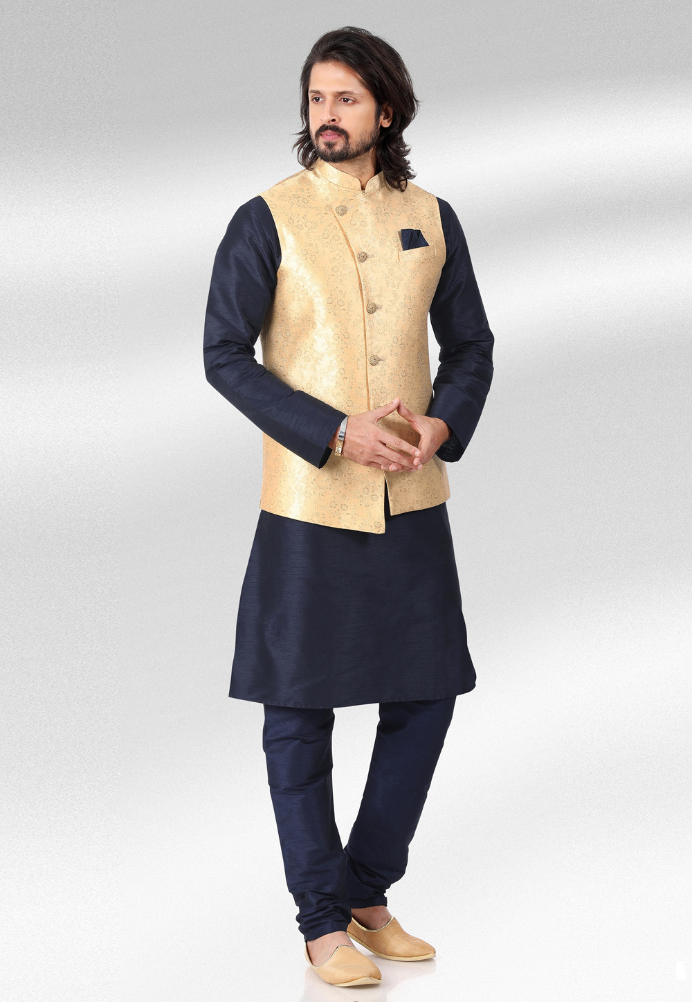 Navy Blue Jacquard Kurta Pajama With Jacket 257465