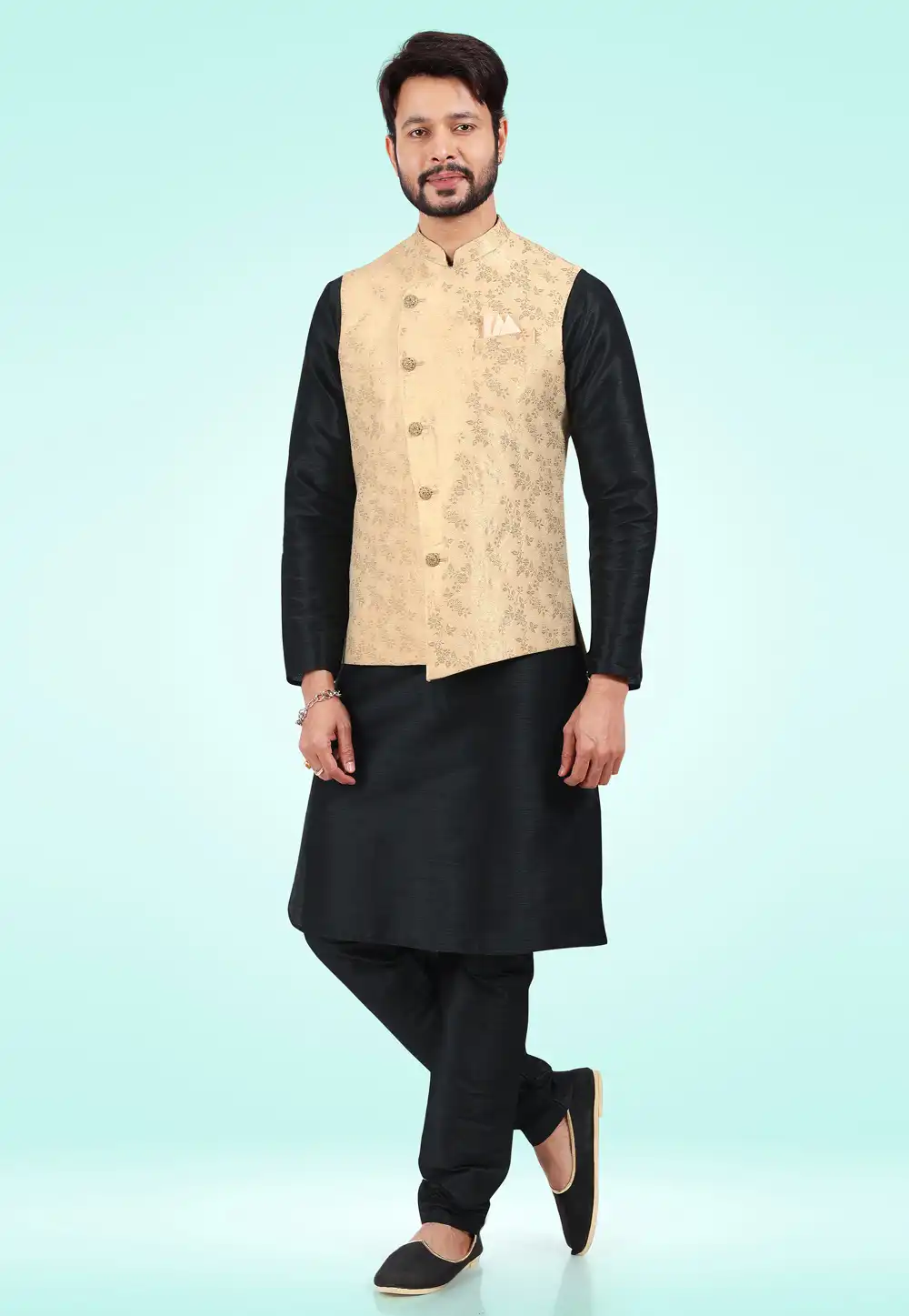 Black Jacquard Kurta Pajama With Jacket 257466