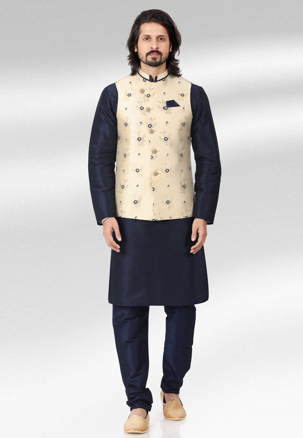 Navy Blue Jacquard Kurta Pajama With Jacket 257467