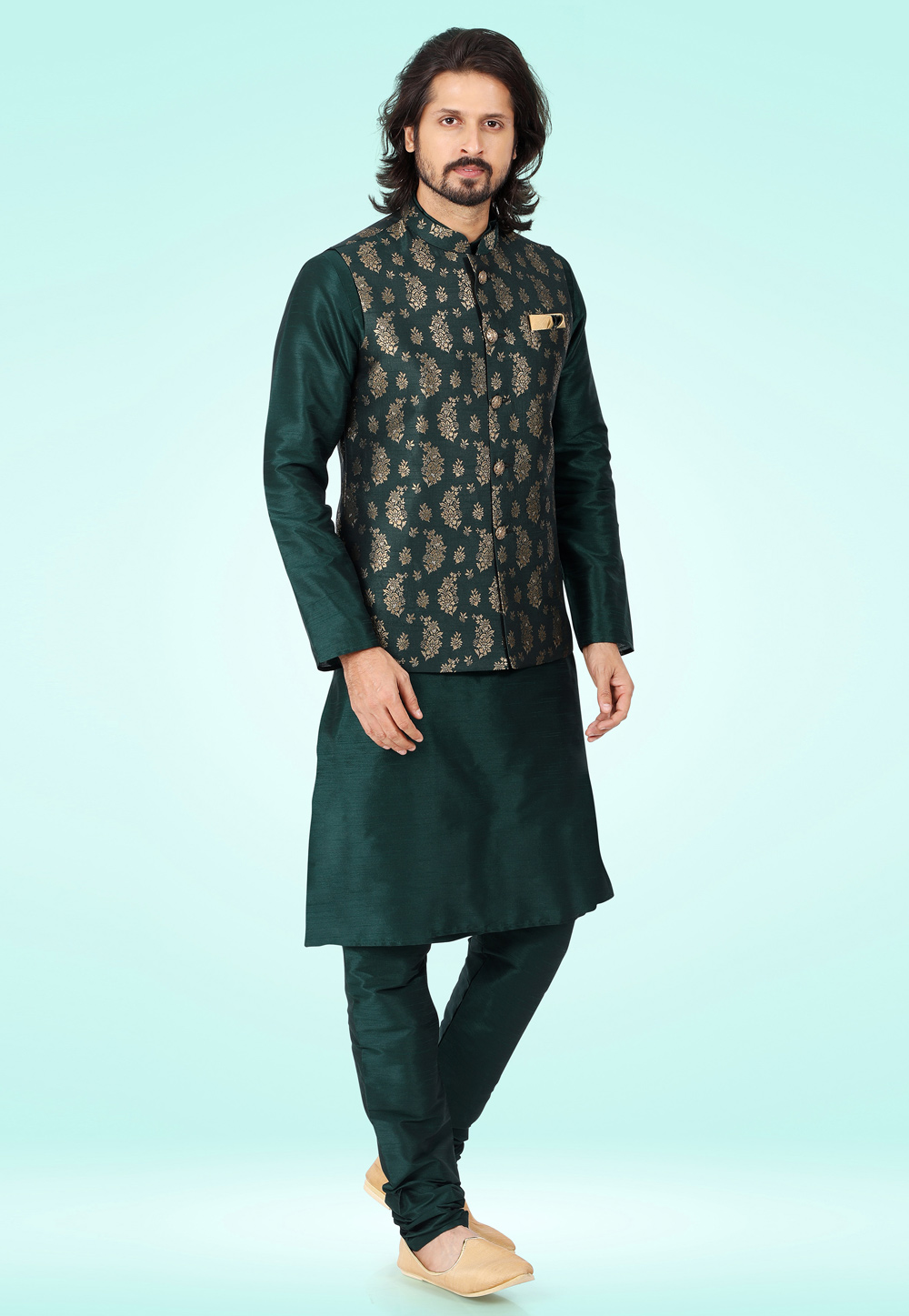 Green Jacquard Kurta Pajama With Jacket 257468