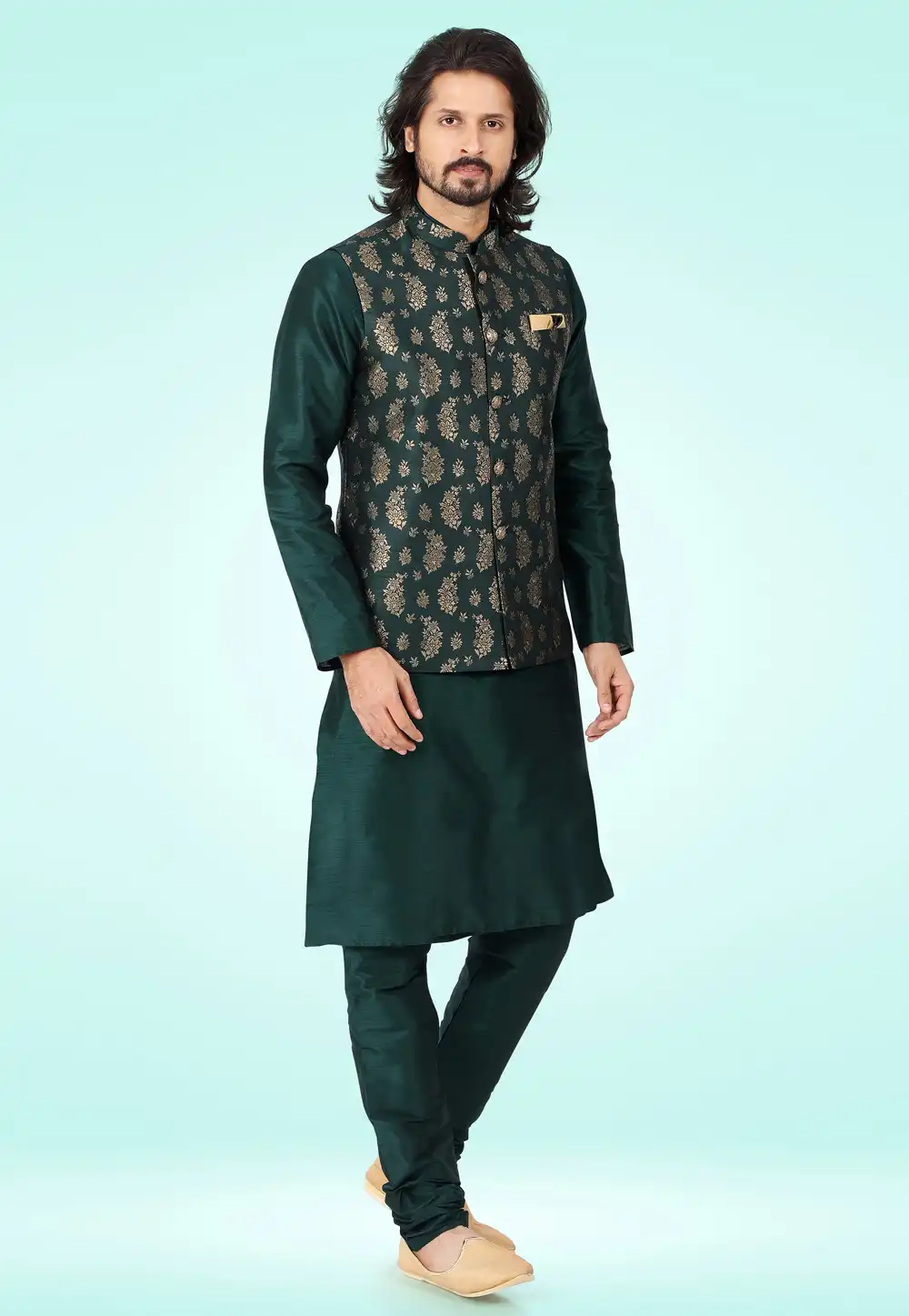 Green Jacquard Kurta Pajama With Jacket 257468
