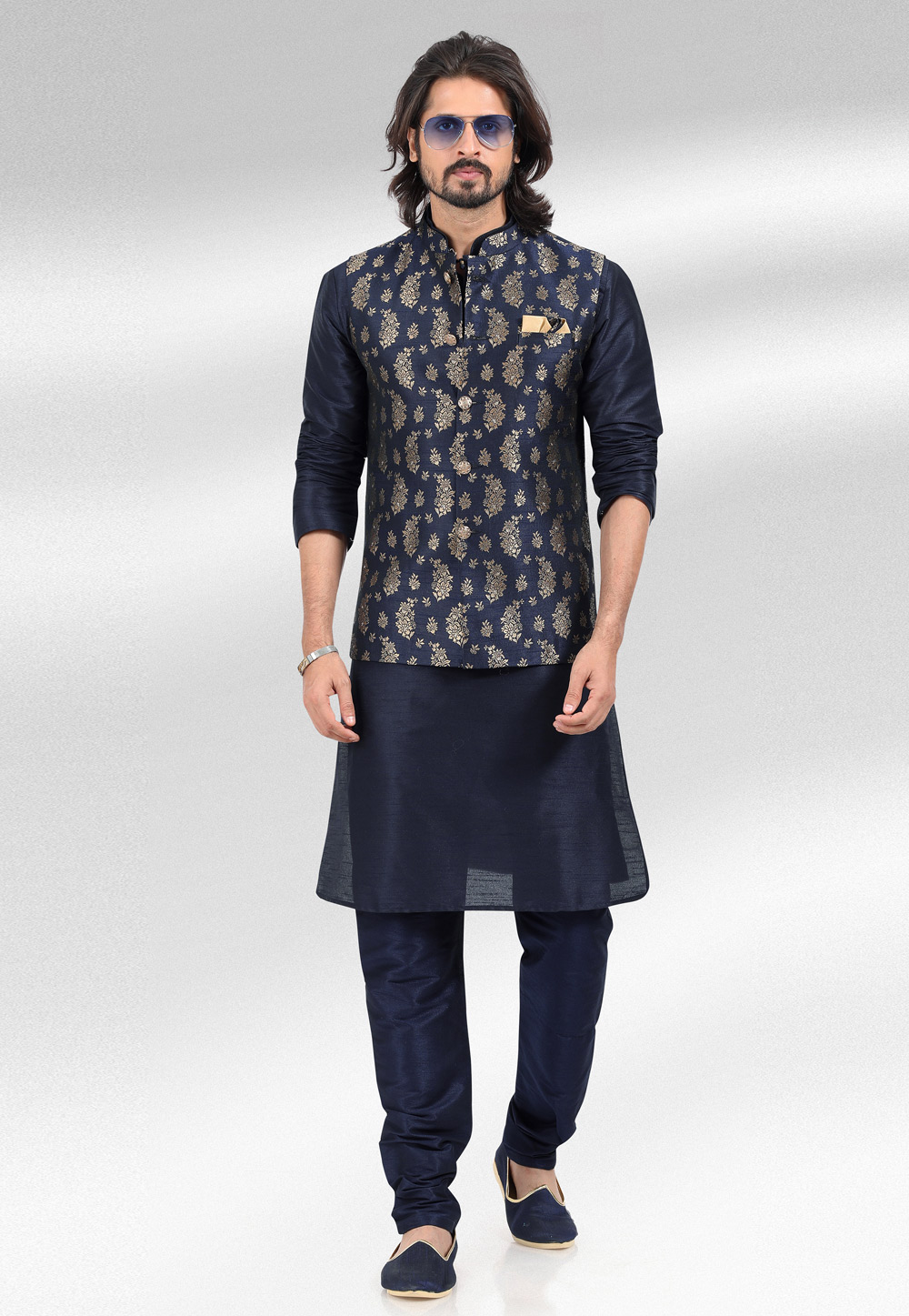 Navy Blue Jacquard Kurta Pajama With Jacket 257469