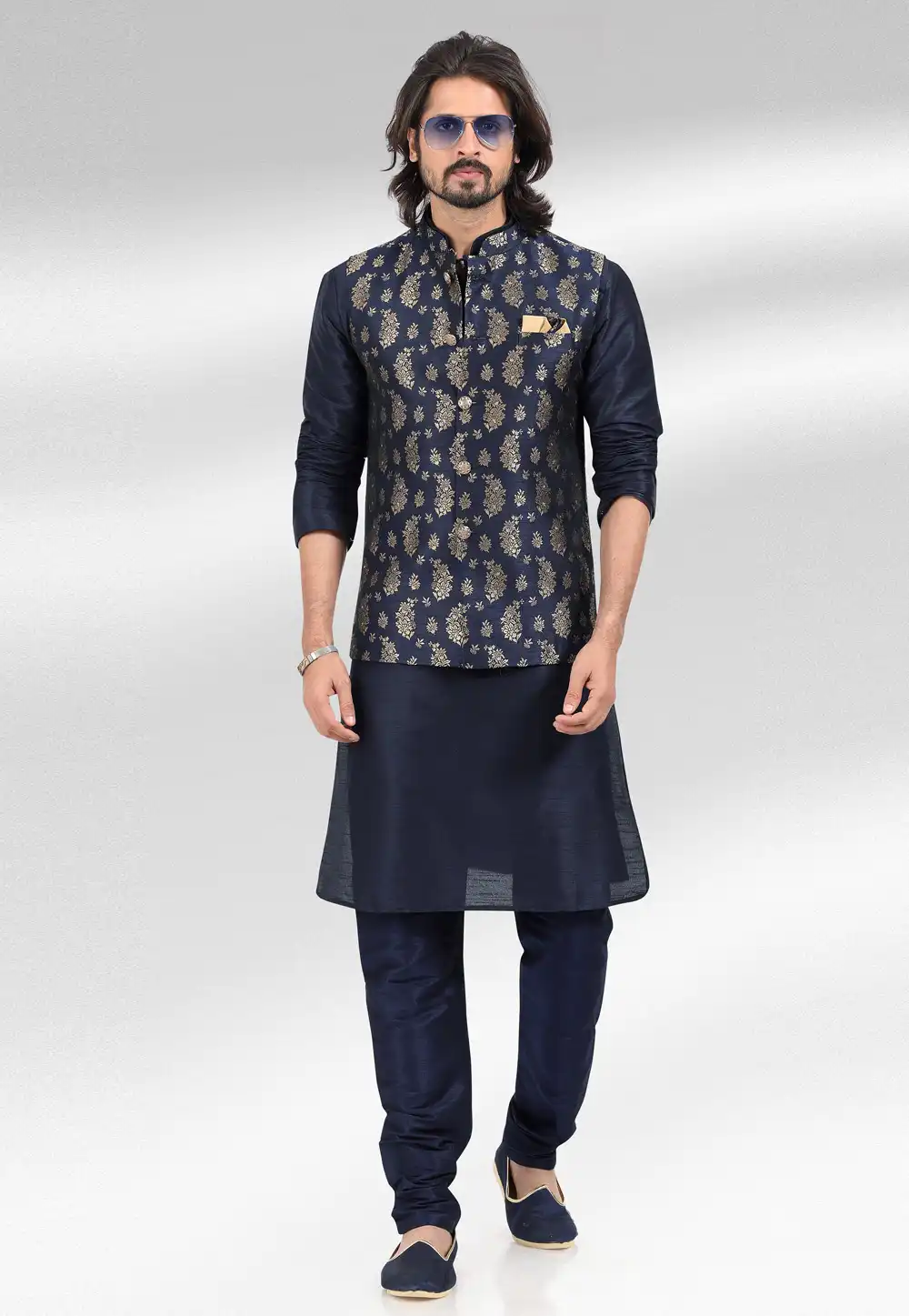 Navy Blue Jacquard Kurta Pajama With Jacket 257469