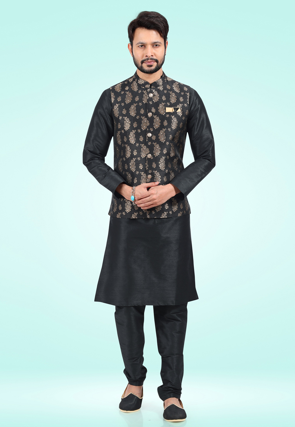 Black Jacquard Kurta Pajama With Jacket 257470