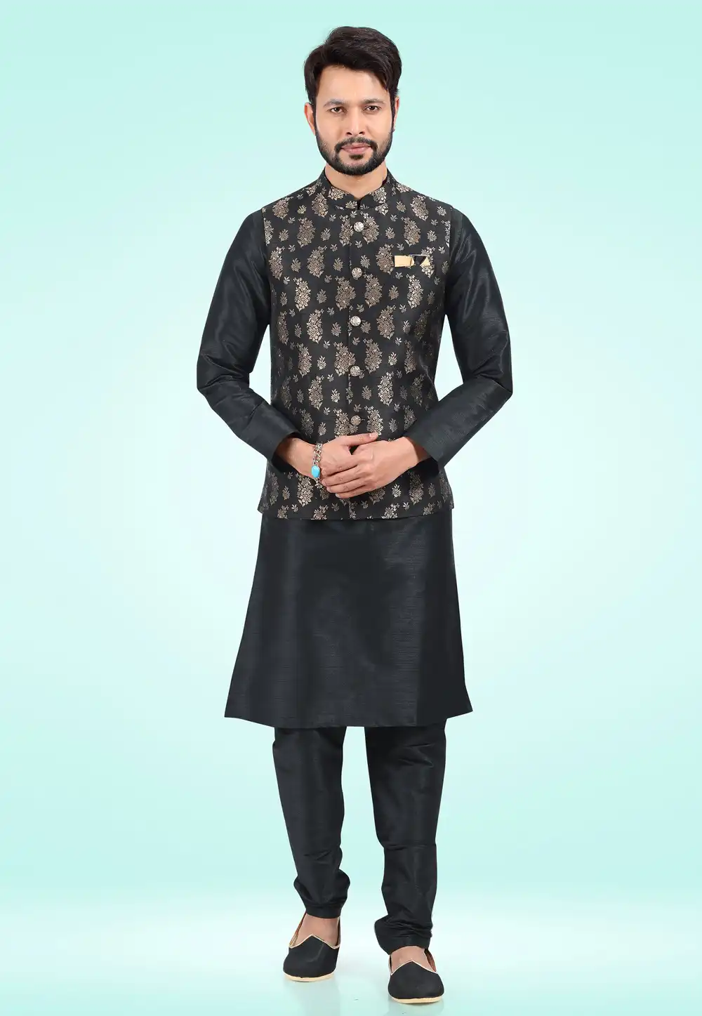 Black Jacquard Kurta Pajama With Jacket 257470